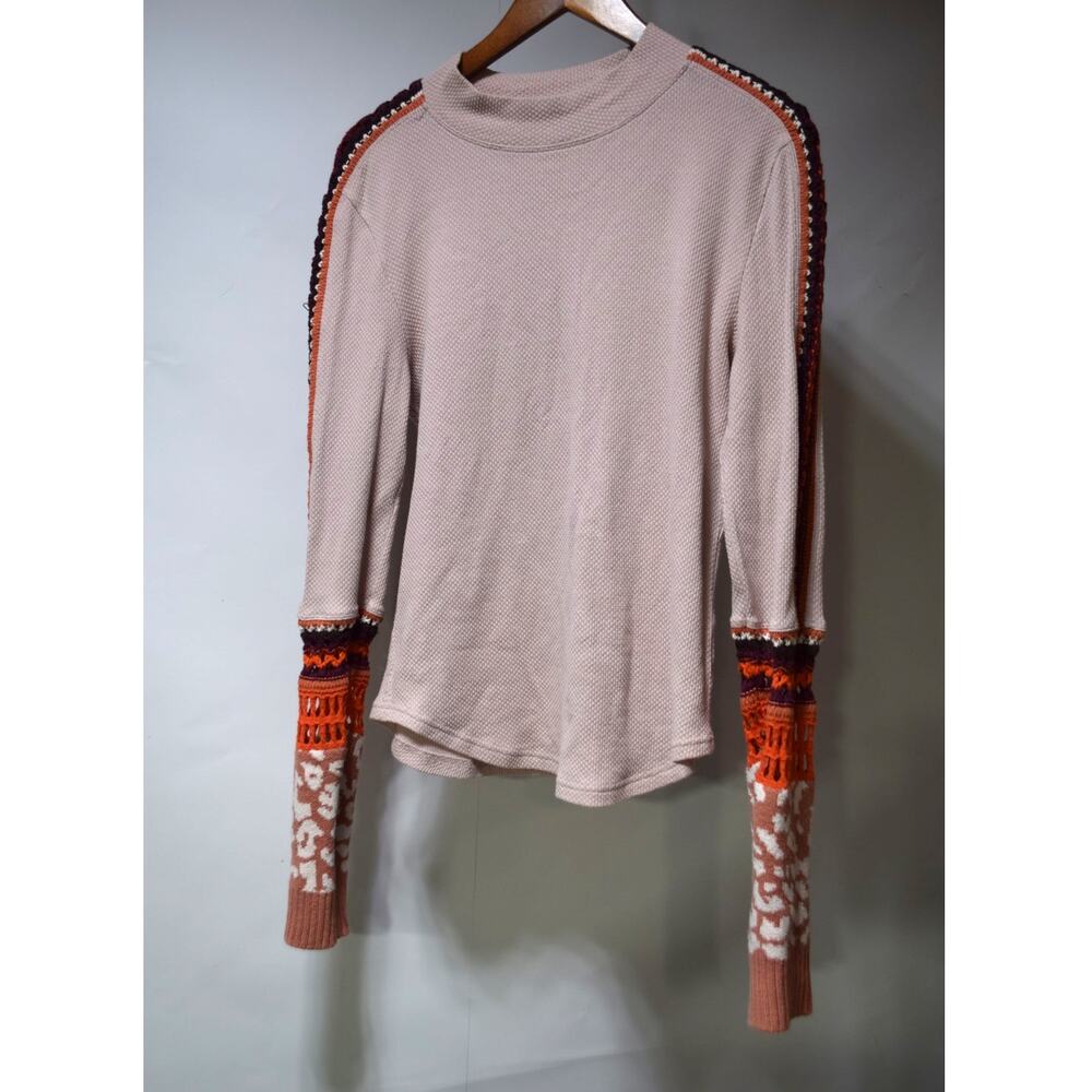 Free People Pink Waffle Knit Mixed Crochet Sleeve Top Size Small Boho